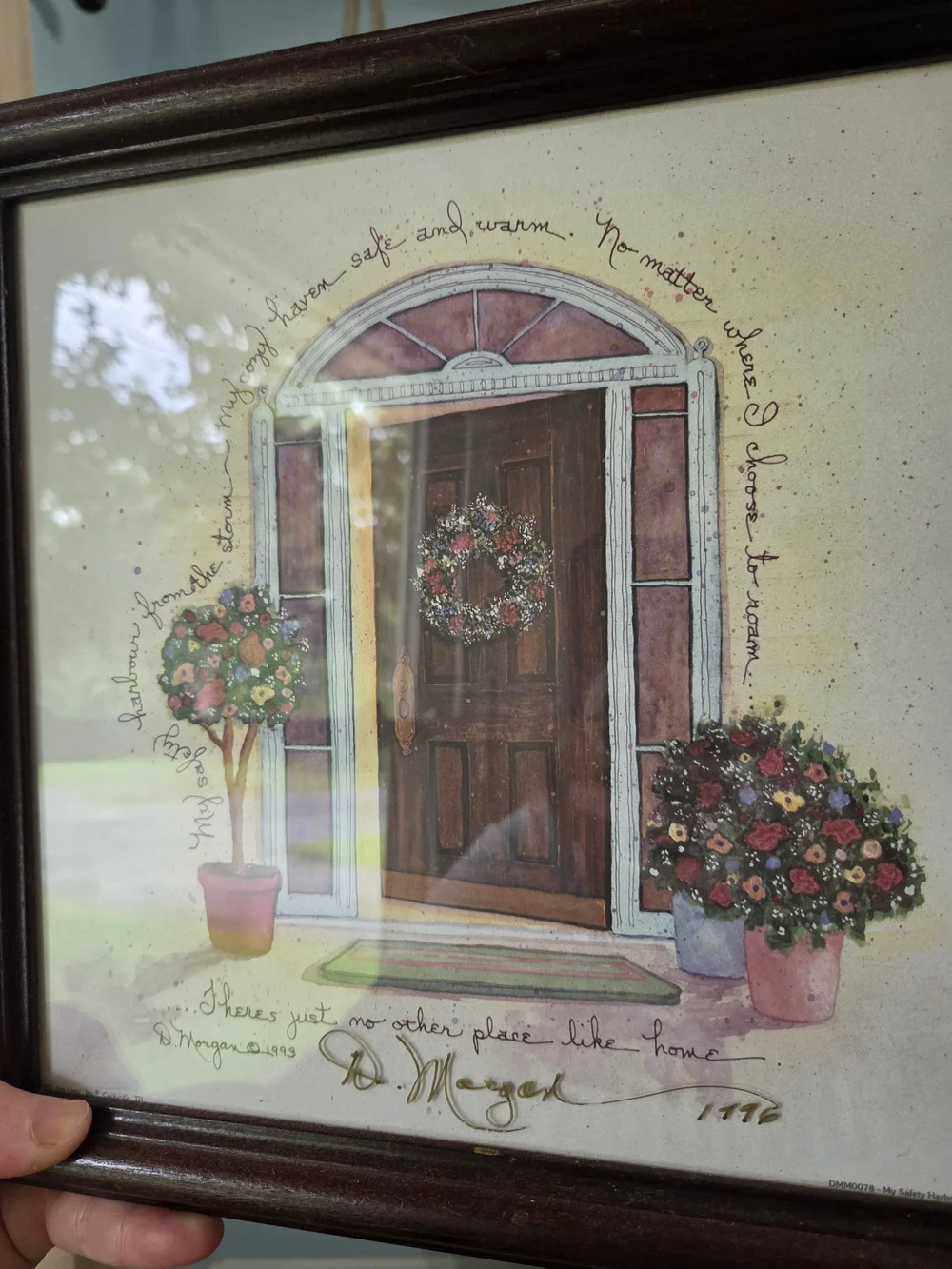 Vintage 90s D. Morgan Framed Watercolor Print My Safety Harbour Floral Doorway